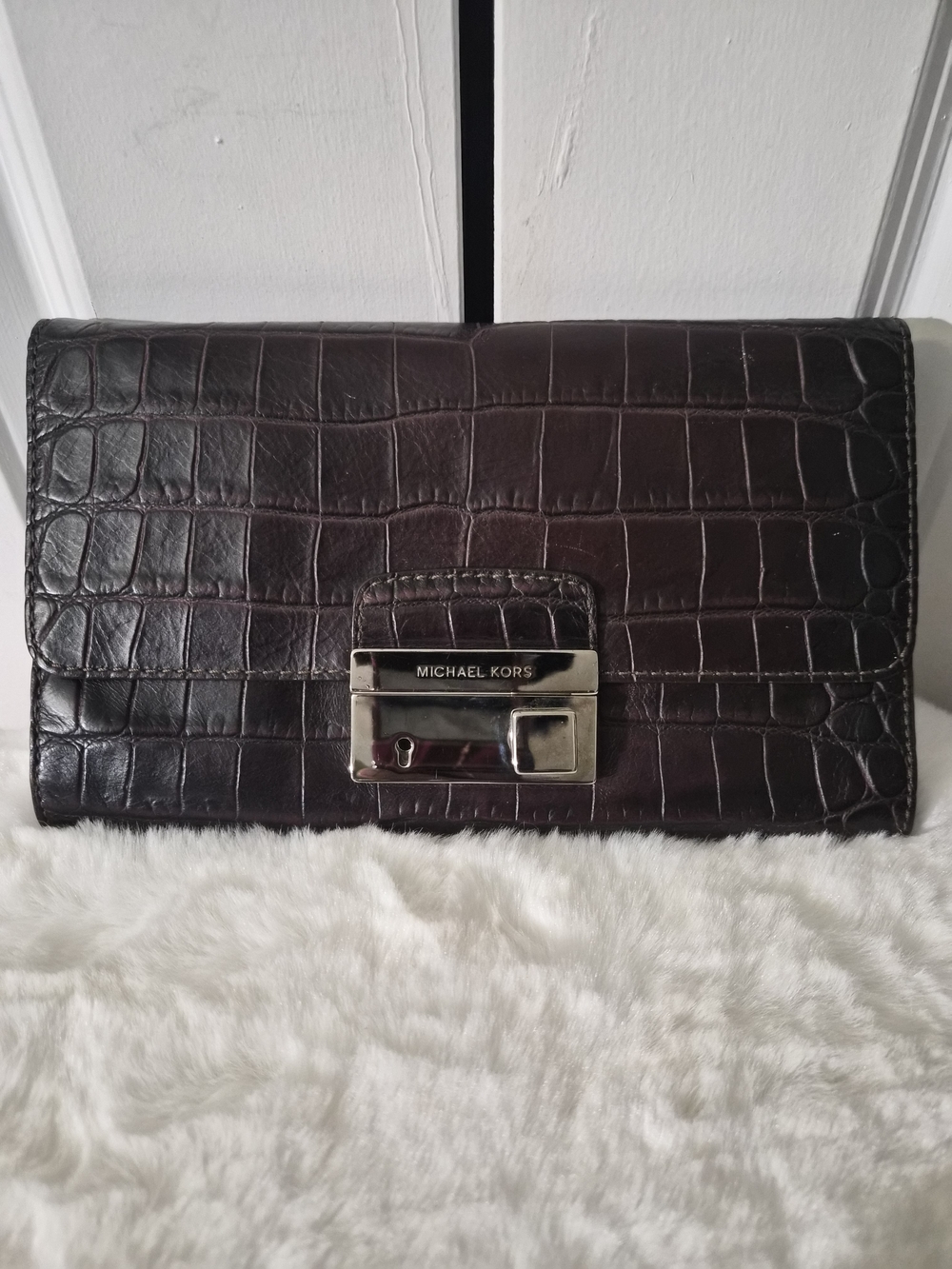 Michael Kors Dark Brown Croc-Embossed Leather Clutch